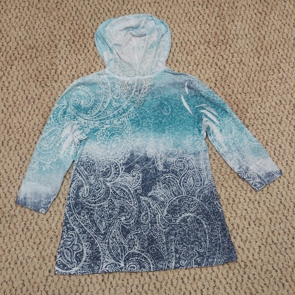 Style & Co Sport Women PM Lightweight Hoodie Blue Paisley Burnout 3/4 Sleeves - Picture 12 of 12